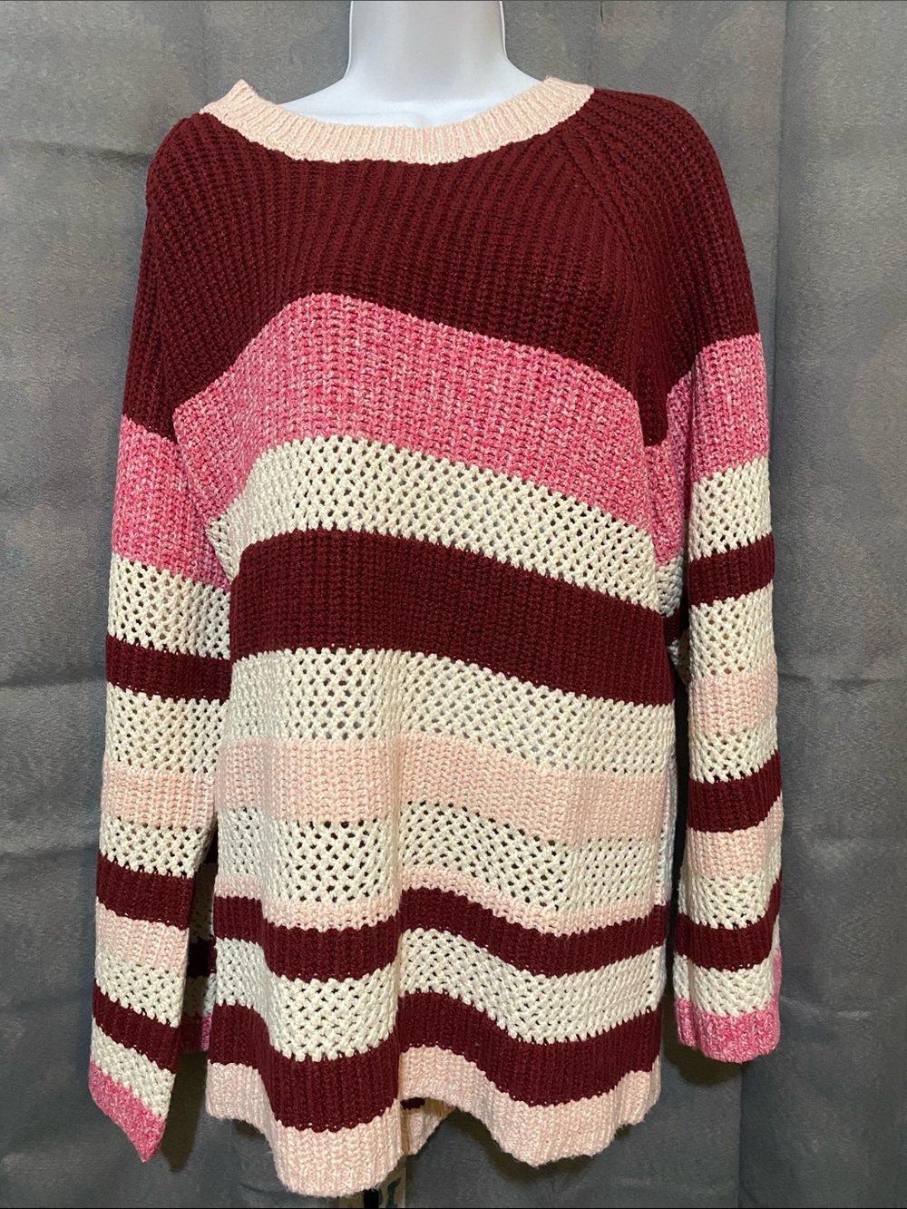 Striped Open-Knit Crewneck Sweater in Burgundy, Pink & Cream